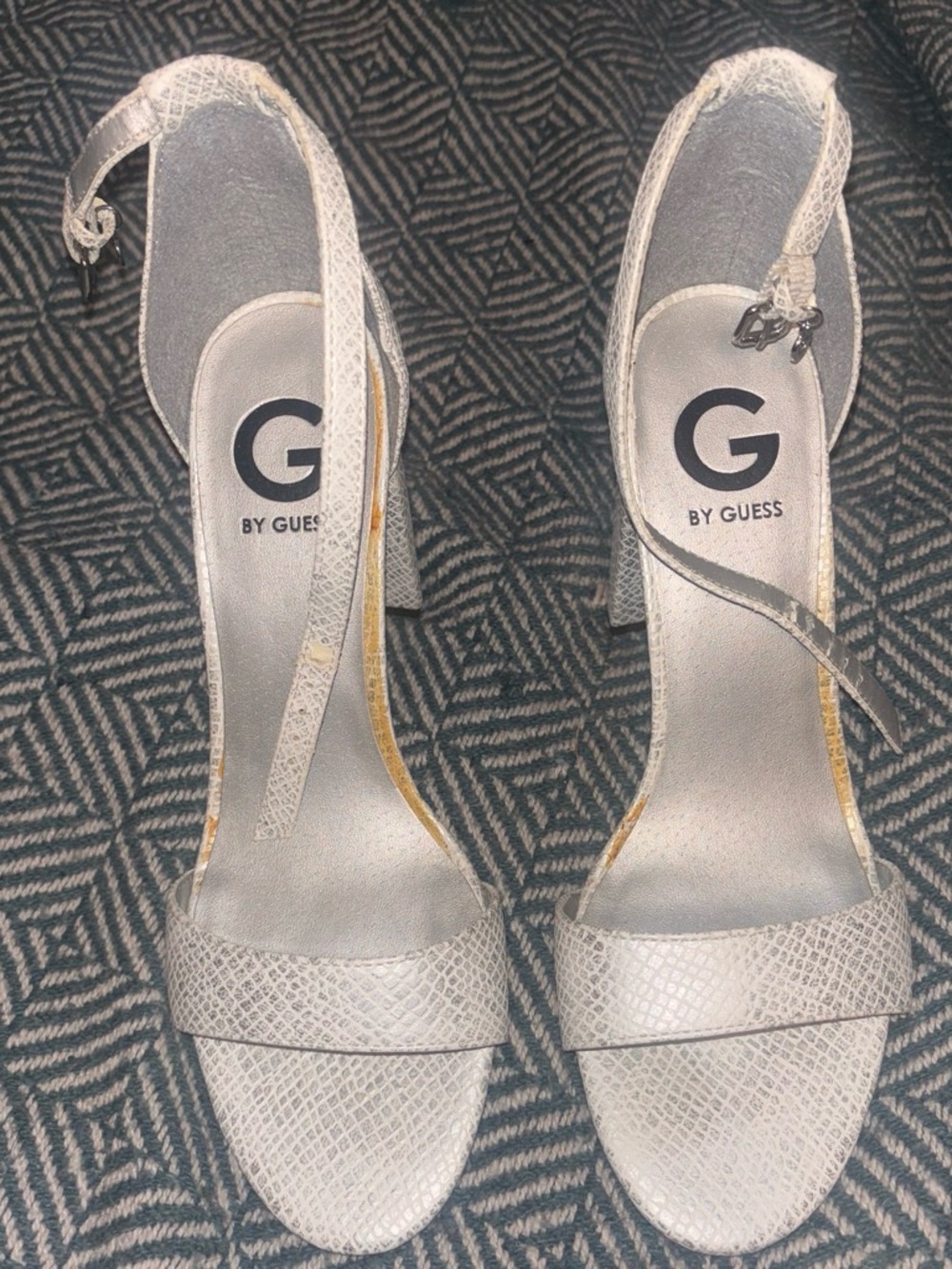 Guess Silver Snake-Texture Ankle-Strap Heels